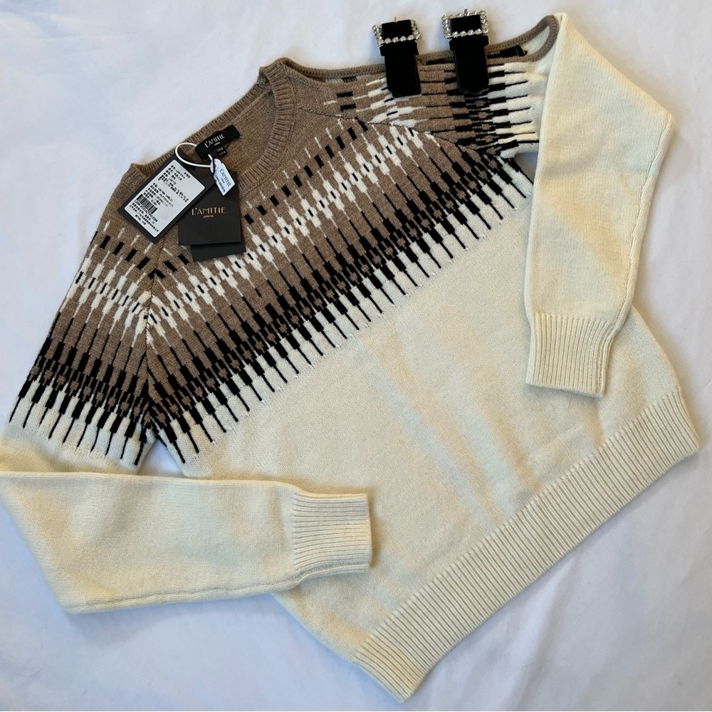 L'AMITIE Rhinestone Cold Shoulder Fair Isle Sweater NWT Sz. 4/S